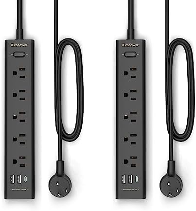 Surge Protector Power Strip 15 ft Cord-5 Widely Spaced Outlets 3 USB Ports(1 USB C Port),Power Strip Long Cord(1250W/10A),Power Strips with Surge Protection, Wall Mount for Home Office,Black(2 Pack)