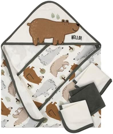 Gerber Baby Boy Hooded Bath Towel and 3 Washcloths Set - Hello Bear Style - Green and Tan - Cotton