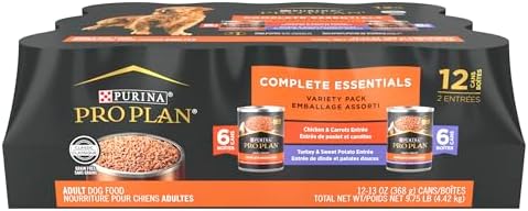 Purina Pro Plan Wet Dog Food Grain Free Complete Essentials Variety Pack, Chicken and Carrots and Turkey and Sweet Potato Entrees - (Pack of 12) 13 oz. Cans