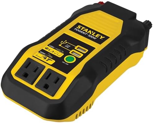 STANLEY PI500S Power Inverter 500W Car Converter: Dual AC Outlets, 3.1A USB Ports, 12V DC Adapter, Battery Clamps