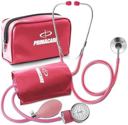 PrimaCare Medical DS-9197-PK Professional Classic Series Manual Adult Size Blood Pressure Kit, Emergency Bp kit with Stethoscope and Portable Leatherette Case, Nylon Cuff, Pink