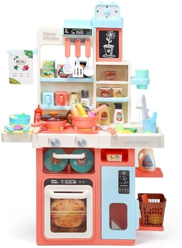 HOLYFUN Kids Kitchen Playset, Kitchen Set for Toddler with Sound and Light, Cooking Stove with Steam, Play Sink and Toy Kitchen Accessories, Pretend Kitchen Toys for Kids Girls Boys, Pink