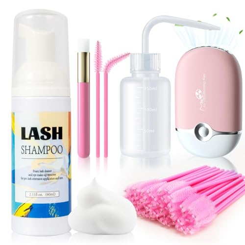 Buqikma Lash Shampoo for Lash Extensions - 60ML Lash Extension Cleanser with Lash Fan Cleaning Brush Rinse Bottle and 50 Pcs Mascara Brush, Rich Foam Lash Wash for Eyelash Extension Home Use(Pink)