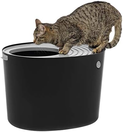 IRIS USA Cat Litter Box, Top Entry Litter Box with Scoop, Stylish Round Cat Litter Box Enclosure, Kitty Litter Box, Black/Gray