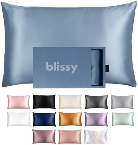 Blissy Silk Pillowcase - 100% Pure Mulberry Silk - 22 Momme 6A High-Grade Fibers - Silk Pillow Cover for Hair & Skin - Regular, Queen & King with Hidden Zipper (Queen, Ash Blue)