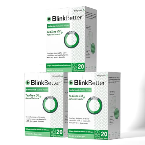 Tea Tree Oil Eyelid Wipes- 60 (Pack of 3) Natural Blepharitis, MGD & Dry Eye Relief Wipes | Cleansing, Soothing, Dual-Textured, Triple Moisture Formula | Biodegradable & Gentle
