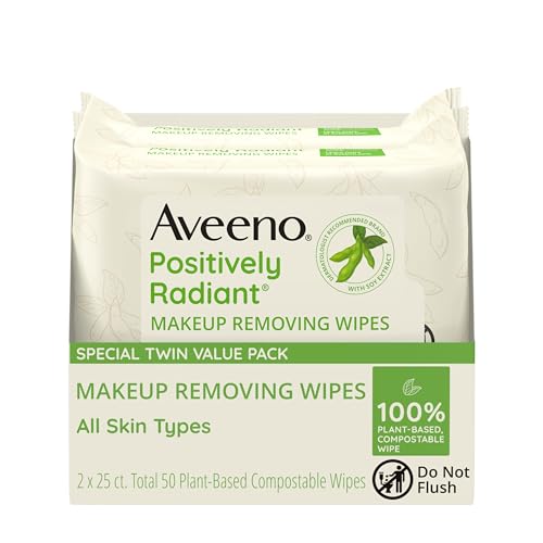 Aveeno Positively Radiant Alcohol Free Makeup Removing Face Wipes, Gentle Non-Comedogenic Facial Cleansing Wipes, 100% Plant Based Home Compostable Wipes, Sulfate Free, 50 Count (2 Packs of 25)