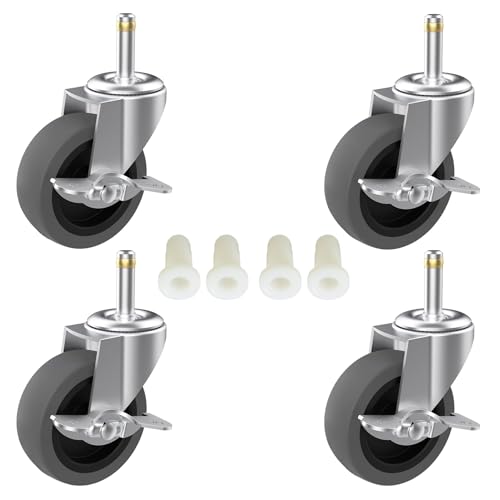 3-Inch Swivel Stem Caster for Rubbermaid Mop Bucket Utility Cart, 7/16-Inch Stem Diameter Rubber Wheel Set of 4 with Side Brake, Heavy Duty TPR Weber Grills Shop Vac Replacement Wheels