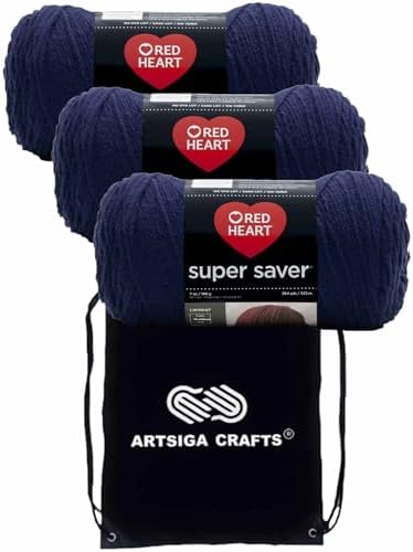 Red Heart Super Saver Soft Navy E300-387 (3-Skeins - Same Dye Lot) Worsted Medium #4 Acrylic Yarn for Crocheting and Knitting with Project Bag