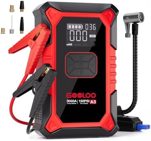 GOOLOO A3 Jump Starter with Air Compressor, 3000A Portable Car Battery Booster (9.0 Gas/6.5L Diesel) with 150PSI Auto-Shutoff Tire Inflator, 12V Supersafe Lithium Jump Box Car Battery Jumper Starter