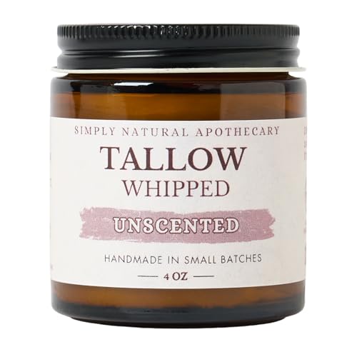 Beef Tallow for Skin Balm - Whipped & Handmade - Moisturizing Face and Body Cream/Butter -Unscented - Sensitive & Dry Skin - 100% Grass Fed Cows - Large 4oz Jar