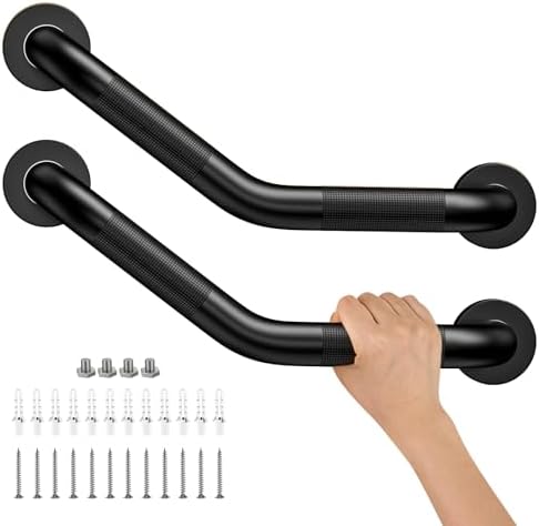 16 Inch Angled Shower Grab Bar Black, Munzong 2 Pack Anti Slip Bathroom Grab Bar, Knurled Bathroom Balance Bar,Safety Hand Rail Support Handicap Elderly Injury Senior Assist Bath Handle-1.25” Tube