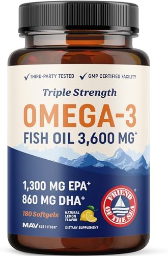 Triple Strength Omega 3 Fish Oil 3600 mg | EPA & DHA | Over 2100mg Omega-3 Fatty Acids | 1300mg EPA + 860mg DHA | Best Essential Fatty Acids | Premium Wild Caught & Burpless Fish Oil | 180 Ct