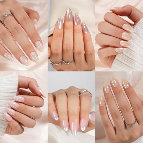 6 Packs Press On Nails Almond, Misssix French Tip Press On Nails Short and Medium, Reusable Glue On Nails, Gel Fake Nails for Women, Stick On Nails Kit 15 Sizes-6 styles in total