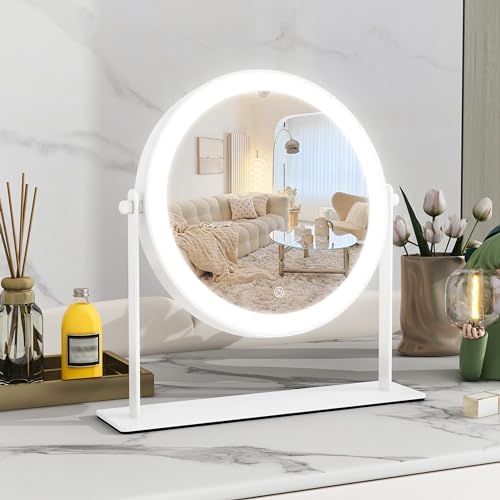 10"x10" Lighted Makeup Mirror, Vanity Mirror with Lights, Dimmable Touch Screen, Light up Mirror, Portable Travel Mirror, Cosmetic Mirror for Makeup Desk, 360° Rotation, White