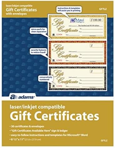 Adams Gift Certificates, Laser/Inkjet Compatible, 3-Up, 30 per Pack with Envelopes (GFTLZ),White