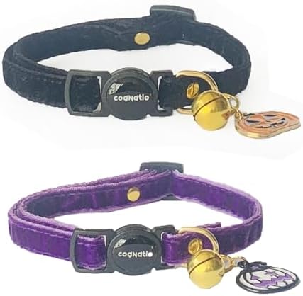Safety Quick Release Cat Collars,Double Velvet with Bell Available in a Range Colors,Perfect for Your Kitty, Adjustable 20-30 cm (20-30cm, Halloween Set 2)