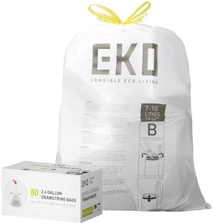 EKO Easy-Dispense Roll 80 Count Extra-Strong Drawstring Small Trash Bag, 2.6 Gallon Trash Bag (7-10L) 1 Pack White, Code B