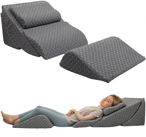 Adjustable Orthopedic Bed Wedge Pillow Set, Post Surgery Recovery, Memory Foam Wedge Pillow for Back, Knee and Leg Pain Relief, Sleeping, Sitting up in bed, Reading, Acid Reflux, Snoring, Melange Gray