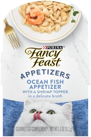 Purina Fancy Feast Lickable Appetizers Grain Free Wet Cat Food Topper Ocean Fish Appetizer with a Shrimp Cat Food Topper - (Pack of 10) 1.1 oz. Trays