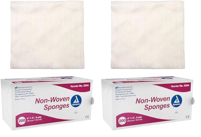 Dynarex Non-Woven Sponges, Non-Sterile, Gauze Sponges, for Cleansing, Prepping and Dressing, Highly-Absorbent and with Less Linting, 4"x 4", 4 Ply, 1 Box of 200 Non-Woven Sponges (Pack of 2)