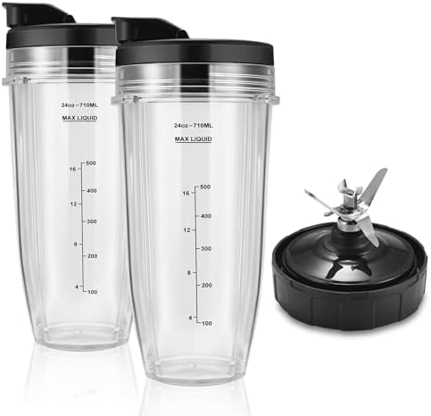 Blender Replacement Parts for Ninja, 24oz Ninja Blender Cups with To-Go Lids, 7 Fins Extractor Blade, Compatible with Nutri Ninja Auto iQ Blenders BL2012, BL2013, BL450, BL480