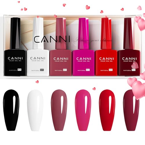 CANNI 9ml Hema-Free Gel Nail Polish Set- 6Pcs White Black Burgundy Red Purple Nude Colors Gel Polish Kit, Soak Off LED Nail Gel Manicure Kit DIY at Home Salon Gifts for Women Girls