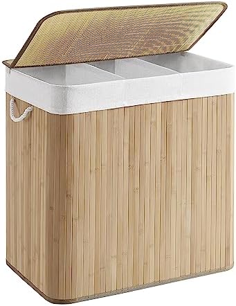 SONGMICS Laundry Hamper, 39.6 Gallons (150L), 3-Section Laundry Basket, Laundry Hamper with Lid, Bamboo, Foldable, Removable and Machine Washable Liner, for Laundry Room, Bedroom, Natural ULCB091N01