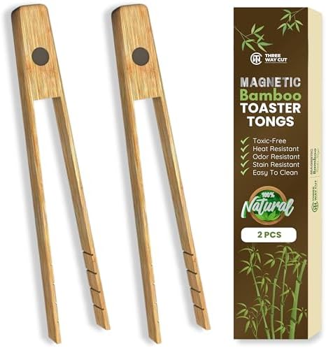 Toaster Tongs With Magnet | Kitchen Utensils For Cooking & Holding Toast Bacon Muffin Bagel Bread | 8 Inch Long Natural Toxic Free Bamboo| 2 Untis Set