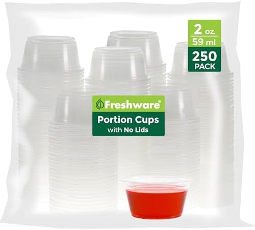 Freshware Plastic Portion Cups (No Lids) [2 Ounce, 250 Count] Disposable Plastic Cups for Meal Prep, Salad Dressing, Jellos Shot Cups, Souffle Cups, Condiment and Dipping Sauce Cups