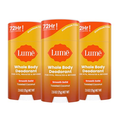 Lume Whole Body Deodorant - Smooth Solid Stick - 72 Hour Odor Control - Aluminum Free, Baking Soda Free and Skin Loving - 2.6 Ounce (Pack of 3) (Toasted Coconut)