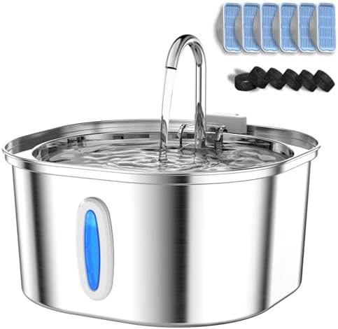 Cat Water Fountain - 3.2L/108oz Stainless Steel Pet Water Drinking Fountain for Cats Indoor, Dog Water Fountain with Water Level Window and 6 Filters + 6 Sponges