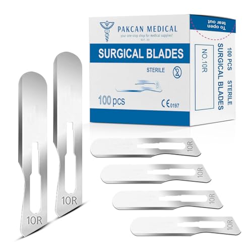 100 pcs #10R Dermaplaning Surgical Scalpel Blades 0.7 mm Extra Wide Sterile Blades Carbon Steel - Individually Wrapped Pack of 100 Blades (#10R Blades (100 Qty))