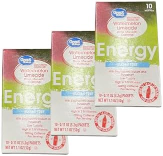 Great Value Watermelon Limeade Powdered Energy Electrolyte Drink Mix with Caffeine. 10 Packets Per Box. 3 Boxes. 30 Total Stick Packets