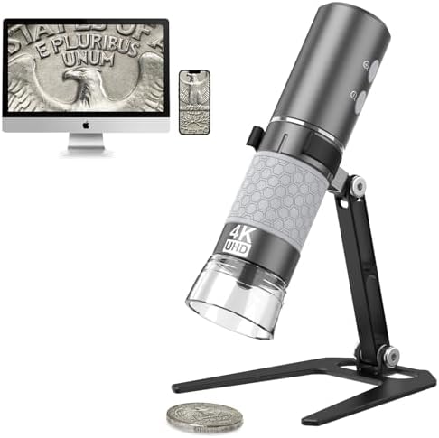 4K 3840x2160p WiFi Digital Microscope for iPhone Android Phone and Windows Mac PC, Wireless Handheld Microscope Camera, Portable Microscope with Metal Stand for Adults and Kids