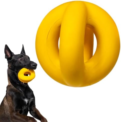 Indestructible Ring Ball - Lifetime Replacement - Strong, Tough, Aggressive Chewers, Medium Large Breed - Non-Toxic Natural Rubber Dog Toys - Yellow - Tug & Fetch - 8x1.75