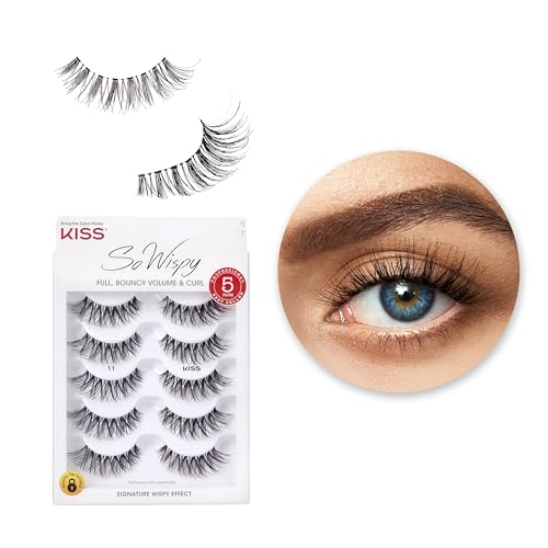 KISS So Wispy False Eyelashes Multipack #11, Full Bouncy Volume & Curl, Signature Wispy Effect, Quality Synthetic, Crisscross Pattern, Cruelty Free, Reusable and contact lens friendly, 5 Pairs
