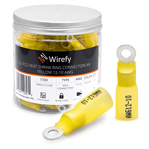 Wirefy Heat Shrink Ring Terminals #6 - Marine Grade Terminal Connectors - Waterproof Eyelet Wire Connectors - Red 10-12 AWG - 90 PCS