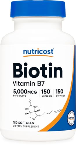 NUTRICOST Biotin (5,000mcg) in Coconut Oil 150 Softgels - Vitamin B7 - Gluten Free, Non-GMO