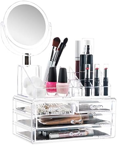 Masirs Clear Makeup Organizer with Mirror – 16-Compartment Cosmetic and Jewelry Holder, 4-Drawer Vanity Storage, Elegant Clear Design for Makeup and Accessories