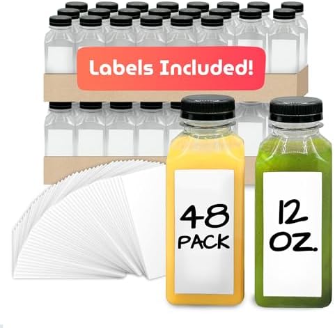 Reli. Plastic Juice Bottles [48 Pack Bulk, 12 oz] Square Plastic Juice Bottles with Caps & Sticker Labels | Clear, Empty for Juicing 12oz | Disposable, Reusable Containers Juicing, Smoothies