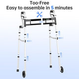 Delog Narrow Folding Walker for Seniors, 3 in 1 Folding Walker with 5” Front Wheels Width Adjustable Compact Standard Walker Support Up to 350lbs