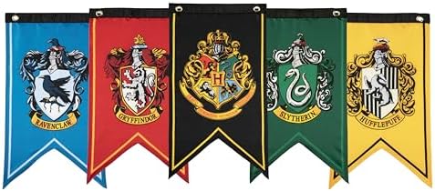 Conquest Journals Harry Potter Wizarding House Banner Flag Set, 12'' x 20'' Polyester Flags, Set of 5 Includes Hogwarts Crest, Gryffindor, Slytherin, Ravenclaw & Hufflepuff Banners, Birthday Party