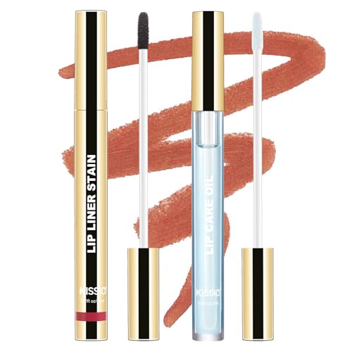 KISSIO Lip Stain Set,Peel Off Lip Liner Stain and Lip Care Oil,Transfer Proof,Long Lasting and Waterproof Lip Tint,Matte Finish,Lip Combo,02 Gray pink