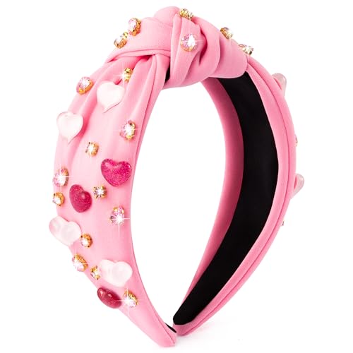 PANTIDE Valentine's Day Heart Jeweled Knotted Headband - Heart Rhinestone Crystal Embellished Headband Wide Top Knot Fashion Hairband Accessories Christmas Birthday Gift for Lover Women (Pink)