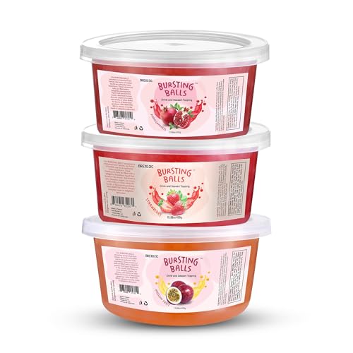 3 Flavors Popping Boba Pearls Bursting Tea Balls Drink & Dessert Topping, Passion, Pomegranate, Strawberry, Flavored Bubble Tea Pearls, (Passion Fruit, Pomegranate, Strawberry, 1 Pound Pack of 3)