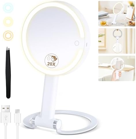 Magnifying Mirror with Light 20X/1X, Lighted Makeup Mirror with Magnification, Make Up Mirrors Stand Up Double Sided, Magnified Travel Mirror with Lights, Rechargeable 3 Color Dimmable