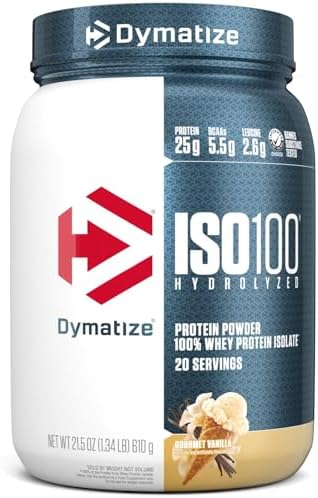 Dymatize ISO100 Hydrolyzed Protein Powder, 100% Whey Isolate, 25g of Protein, 5.5g BCAAs, Gluten Free, Fast Absorbing, Easy Digesting, Gourmet Vanilla, 20 Servings