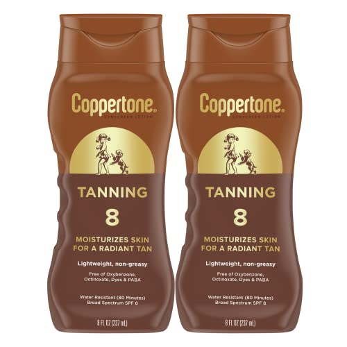 Coppertone Tanning Sunscreen Lotion, Water Resistant Body Sunscreen SPF 8, Broad Spectrum SPF 8 Sunscreen Pack, 8 Fl Oz Bottle, Pack of 2