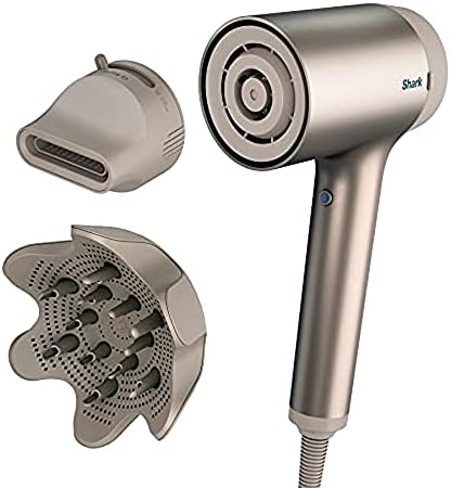 Shark HD113BRN Hair Blow Dryer HyperAIR Fast-Drying with IQ 2-in-1 Concentrator and Curl-Defining Diffuser Attachments, Auto Presets, Ionic, Styling Tools, No Heat Damage, Extendable Prongs, Stone